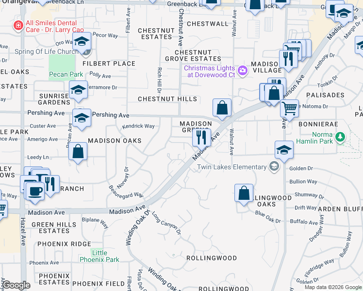 map of restaurants, bars, coffee shops, grocery stores, and more near 9184 Madison Green Lane in Orangevale