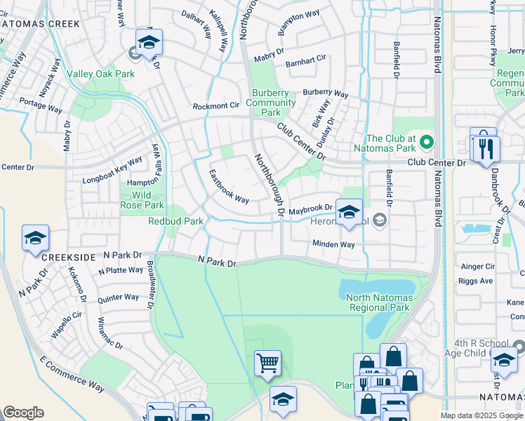 map of restaurants, bars, coffee shops, grocery stores, and more near 2531 Maybrook Drive in Sacramento