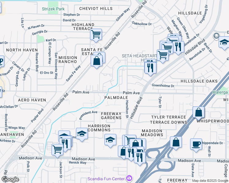 map of restaurants, bars, coffee shops, grocery stores, and more near 4150 Palm Avenue in Sacramento