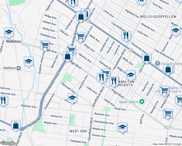 map of restaurants, bars, coffee shops, grocery stores, and more near 5875 Page Boulevard in St. Louis