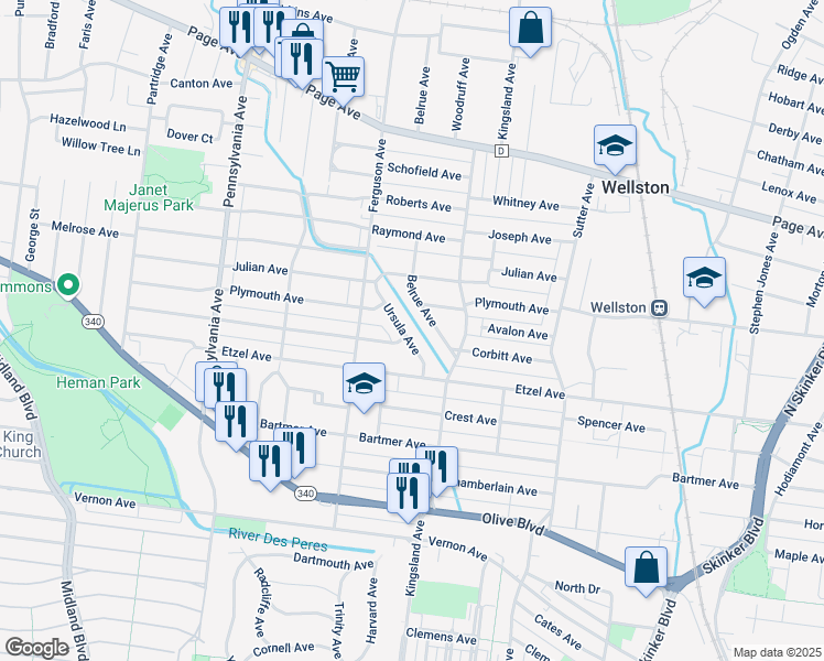 map of restaurants, bars, coffee shops, grocery stores, and more near 1159 Belrue Avenue in University City
