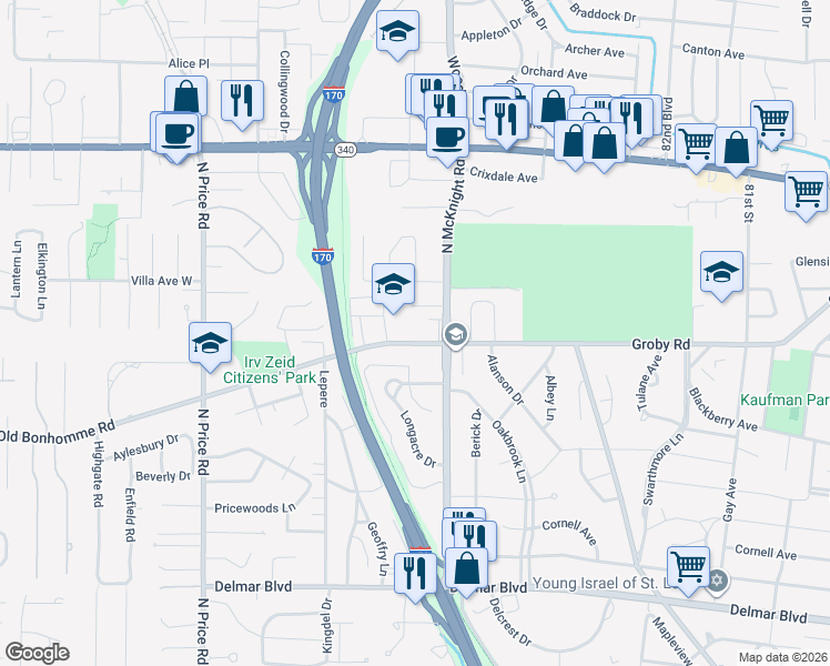 map of restaurants, bars, coffee shops, grocery stores, and more near 8631 Old Bonhomme Road in St. Louis