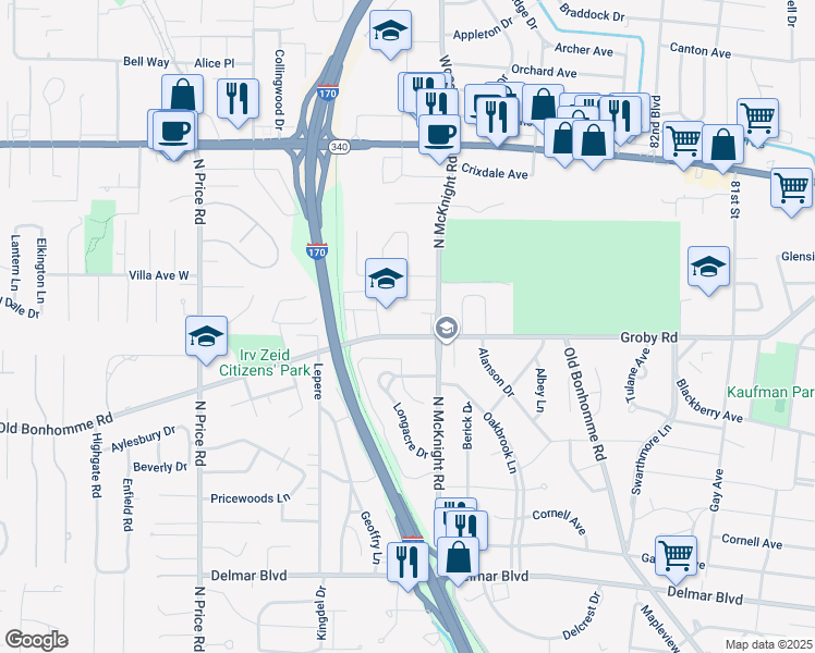 map of restaurants, bars, coffee shops, grocery stores, and more near 8631 Old Bonhomme Road in St. Louis