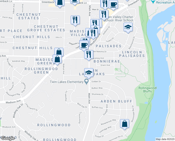 map of restaurants, bars, coffee shops, grocery stores, and more near 5621 Main Avenue in Orangevale