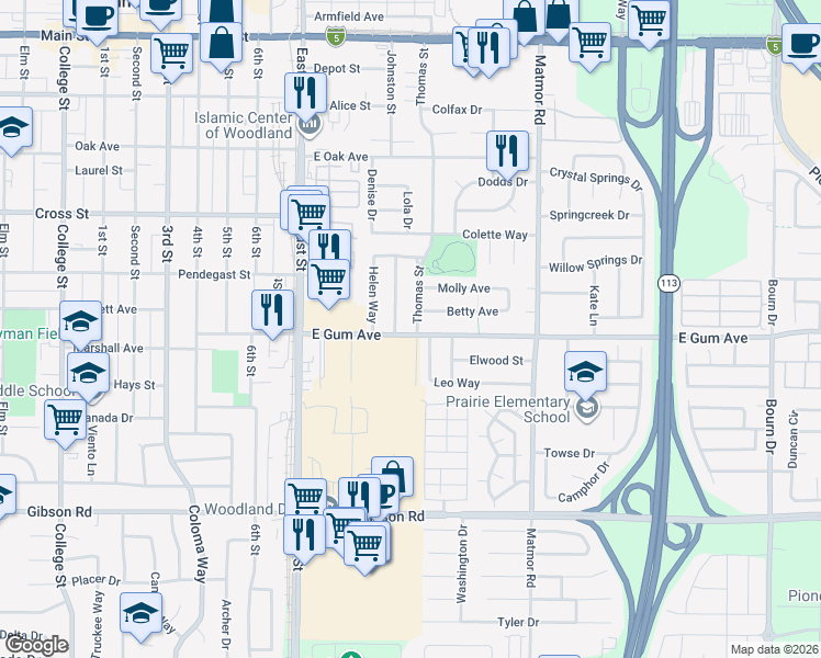 map of restaurants, bars, coffee shops, grocery stores, and more near 820 Thomas Street in Woodland