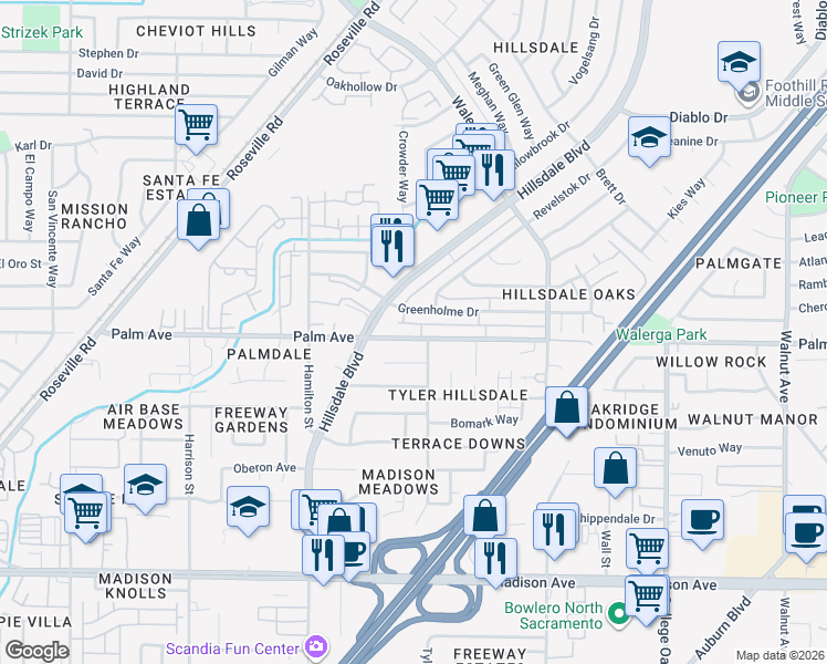 map of restaurants, bars, coffee shops, grocery stores, and more near 4417 Palm Avenue in Sacramento
