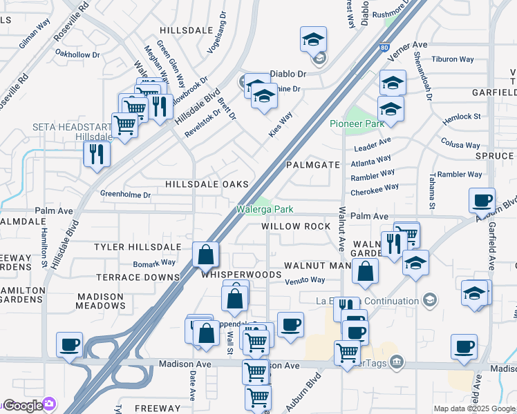 map of restaurants, bars, coffee shops, grocery stores, and more near 4901 Palm Avenue in Sacramento