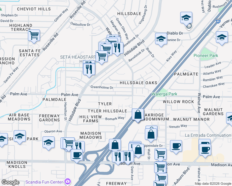 map of restaurants, bars, coffee shops, grocery stores, and more near 4537 Palm Avenue in Sacramento