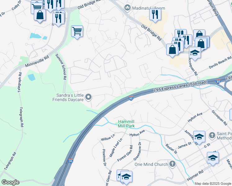 map of restaurants, bars, coffee shops, grocery stores, and more near 13221 Kinnicutt Drive in Woodbridge