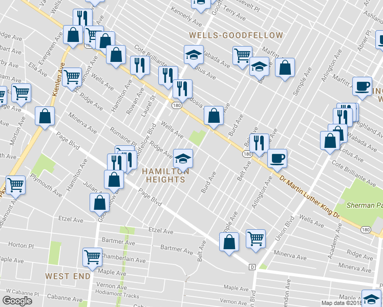 map of restaurants, bars, coffee shops, grocery stores, and more near 1429 Clara Ave in St Louis