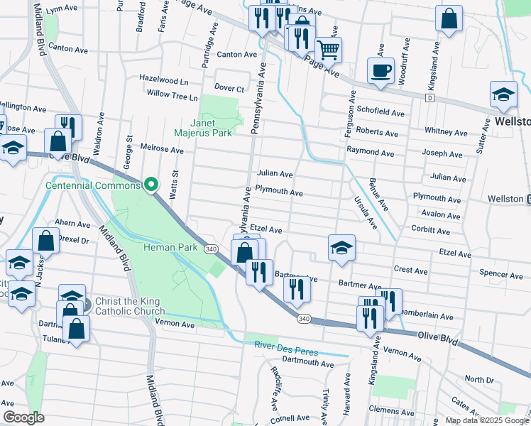 map of restaurants, bars, coffee shops, grocery stores, and more near 6926 Corbitt Avenue in St. Louis