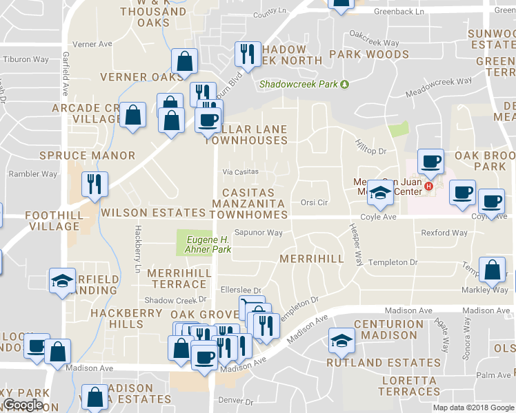 map of restaurants, bars, coffee shops, grocery stores, and more near 6211 Vía Casitas in Carmichael