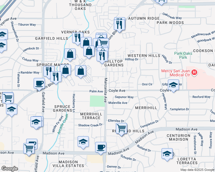 map of restaurants, bars, coffee shops, grocery stores, and more near 5904 Manzanita Avenue in Carmichael