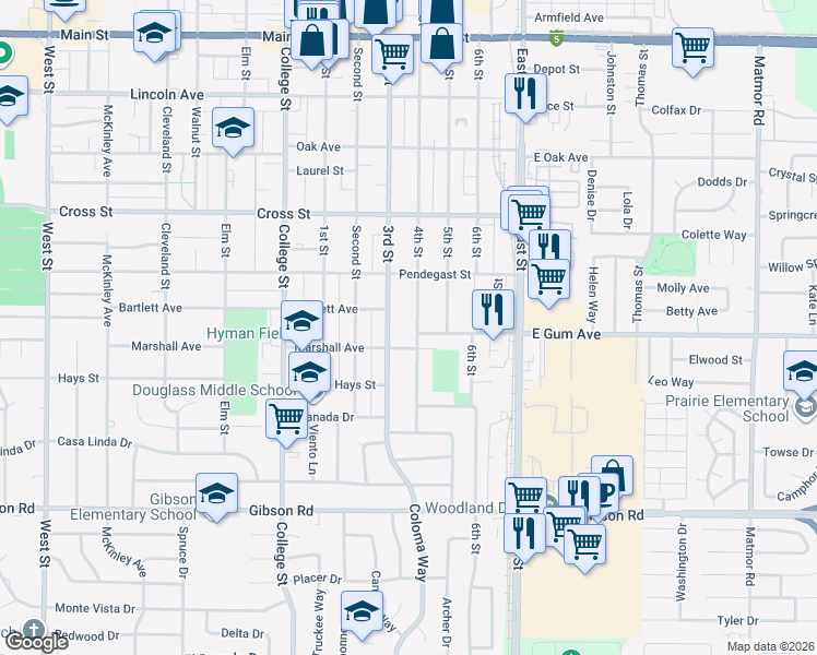 map of restaurants, bars, coffee shops, grocery stores, and more near 914 4th Street in Woodland