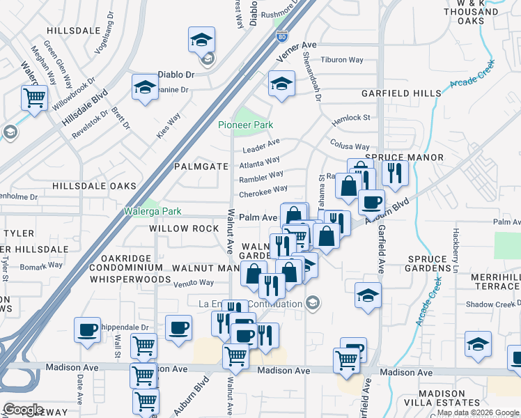 map of restaurants, bars, coffee shops, grocery stores, and more near 5605 Page Court in Sacramento