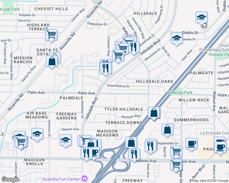 map of restaurants, bars, coffee shops, grocery stores, and more near 4427 Palm Avenue in Sacramento