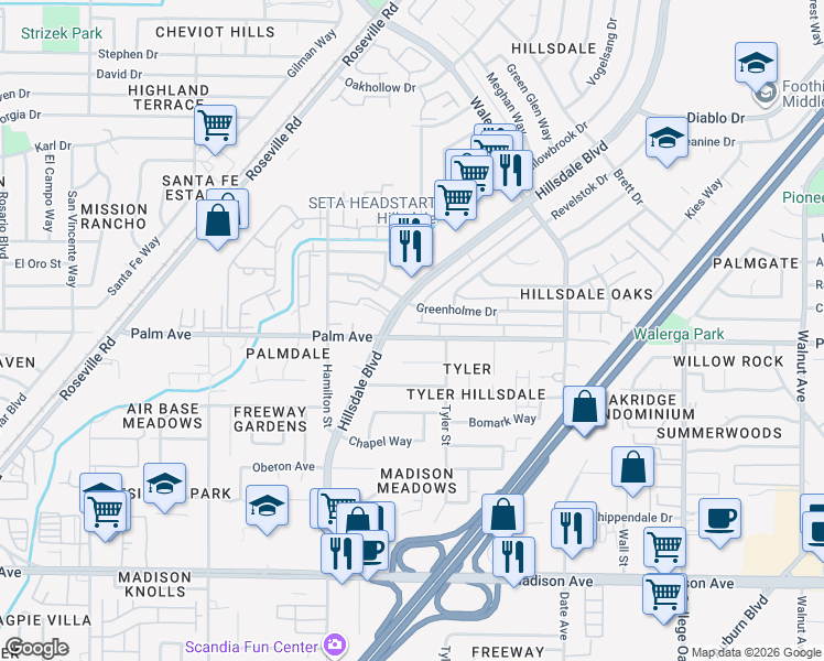 map of restaurants, bars, coffee shops, grocery stores, and more near 4417 Palm Avenue in Sacramento
