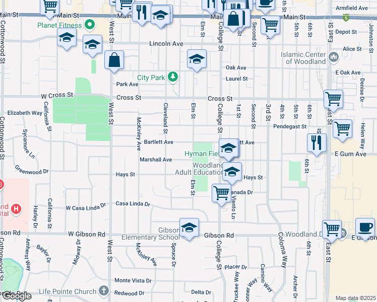 map of restaurants, bars, coffee shops, grocery stores, and more near 920 Elm Street in Woodland