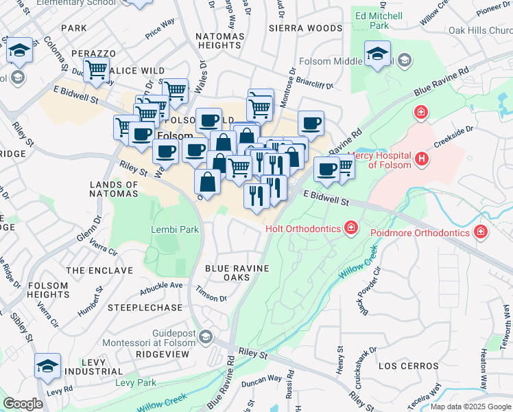 map of restaurants, bars, coffee shops, grocery stores, and more near 1005 East Bidwell Street in Folsom
