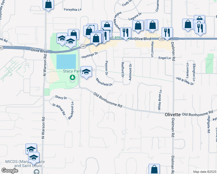map of restaurants, bars, coffee shops, grocery stores, and more near 9714 Mansfield Drive in Olivette