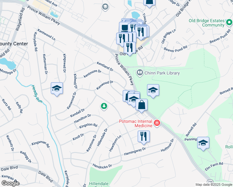 map of restaurants, bars, coffee shops, grocery stores, and more near 13014 Kenmar Drive in Woodbridge