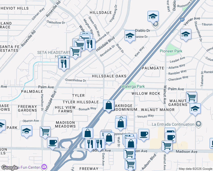 map of restaurants, bars, coffee shops, grocery stores, and more near 5600 Walerga Road in Sacramento