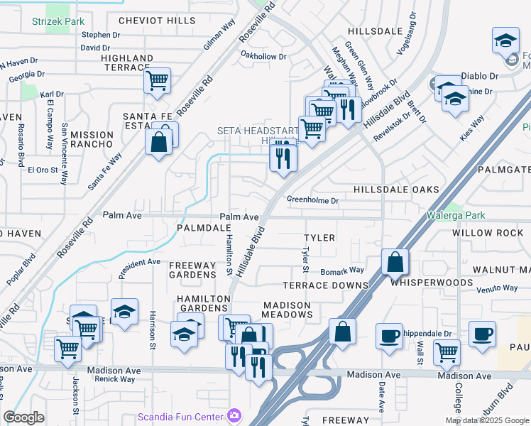 map of restaurants, bars, coffee shops, grocery stores, and more near 5560 Hillsdale Boulevard in Sacramento
