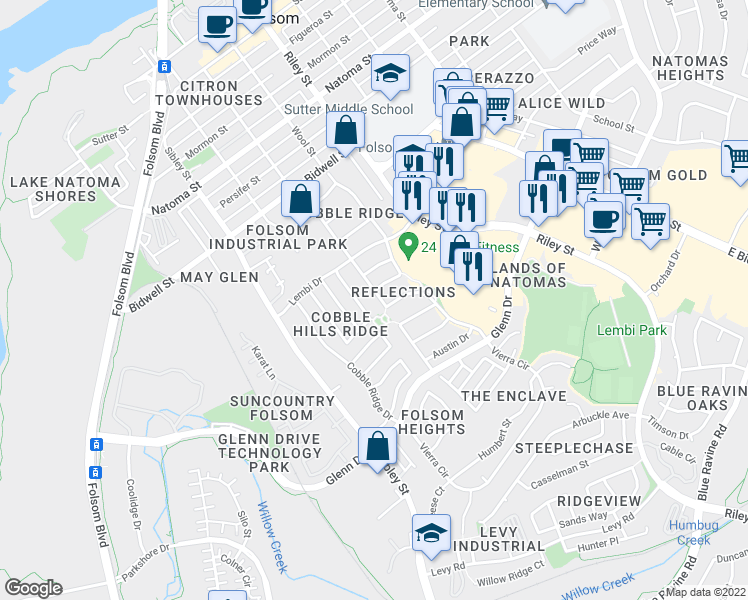 map of restaurants, bars, coffee shops, grocery stores, and more near 138 Oxburough Drive in Folsom