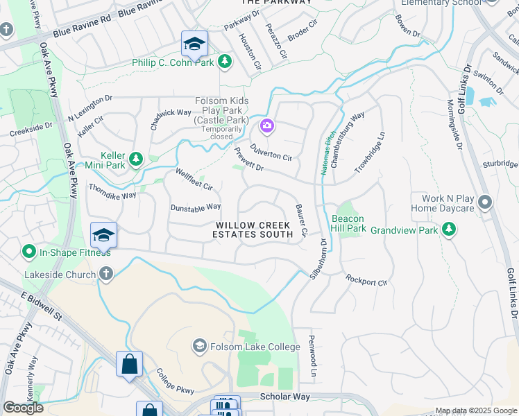 map of restaurants, bars, coffee shops, grocery stores, and more near 151 Hopper Lane in Folsom