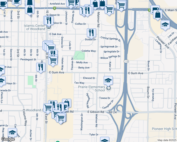 map of restaurants, bars, coffee shops, grocery stores, and more near 1345 East Gum Avenue in Woodland