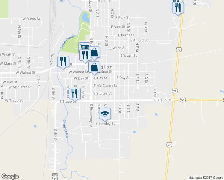 map of restaurants, bars, coffee shops, grocery stores, and more near 211 South C Street in Herington