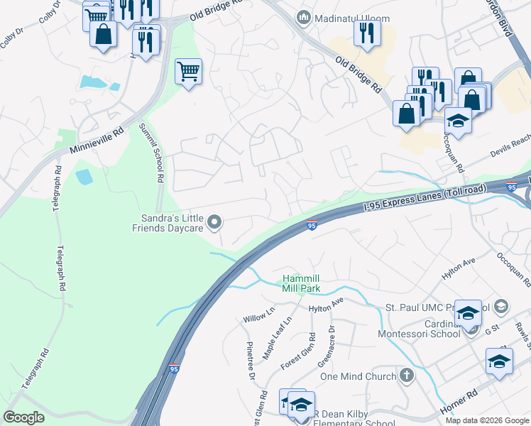 map of restaurants, bars, coffee shops, grocery stores, and more near 1908 Brooke Farm Court in Woodbridge