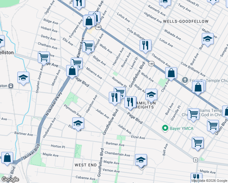 map of restaurants, bars, coffee shops, grocery stores, and more near 1325 Laurel Street in Saint Louis