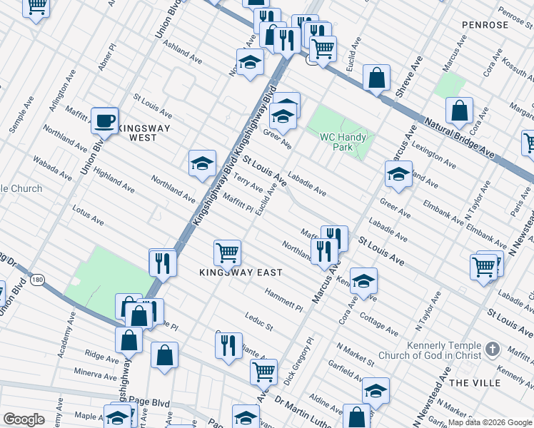 map of restaurants, bars, coffee shops, grocery stores, and more near 4864 Maffitt Avenue in St. Louis