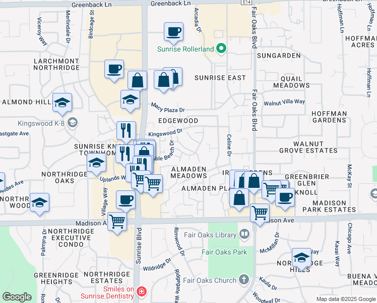 map of restaurants, bars, coffee shops, grocery stores, and more near 5661 Spyglass Lane in Citrus Heights