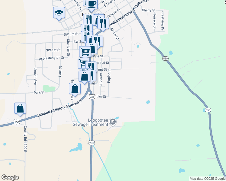 map of restaurants, bars, coffee shops, grocery stores, and more near 313 Poplar Street in Loogootee