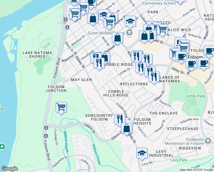 map of restaurants, bars, coffee shops, grocery stores, and more near 102 Gilded Rock Circle in Folsom
