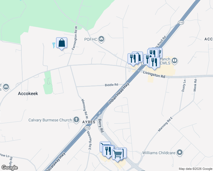 map of restaurants, bars, coffee shops, grocery stores, and more near 312 Biddle Road in Accokeek