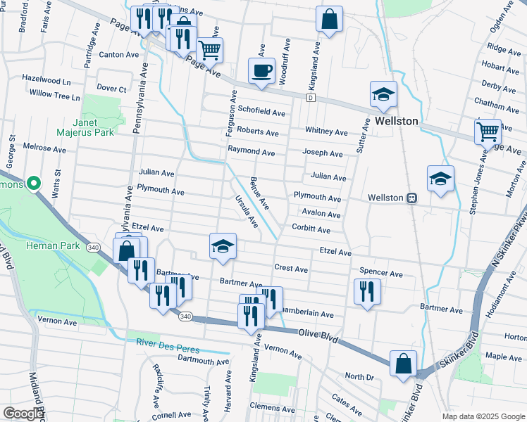 map of restaurants, bars, coffee shops, grocery stores, and more near 1159 Belrue Avenue in University City