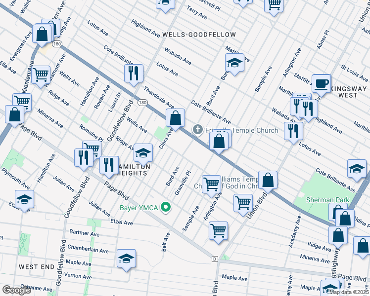 map of restaurants, bars, coffee shops, grocery stores, and more near 1469 Burd Avenue in St. Louis