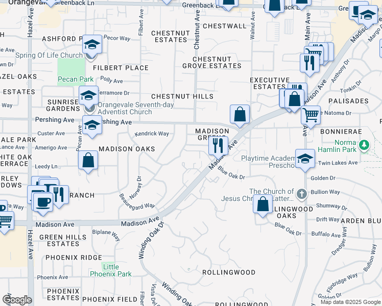 map of restaurants, bars, coffee shops, grocery stores, and more near 9184 Madison Green Lane in Orangevale