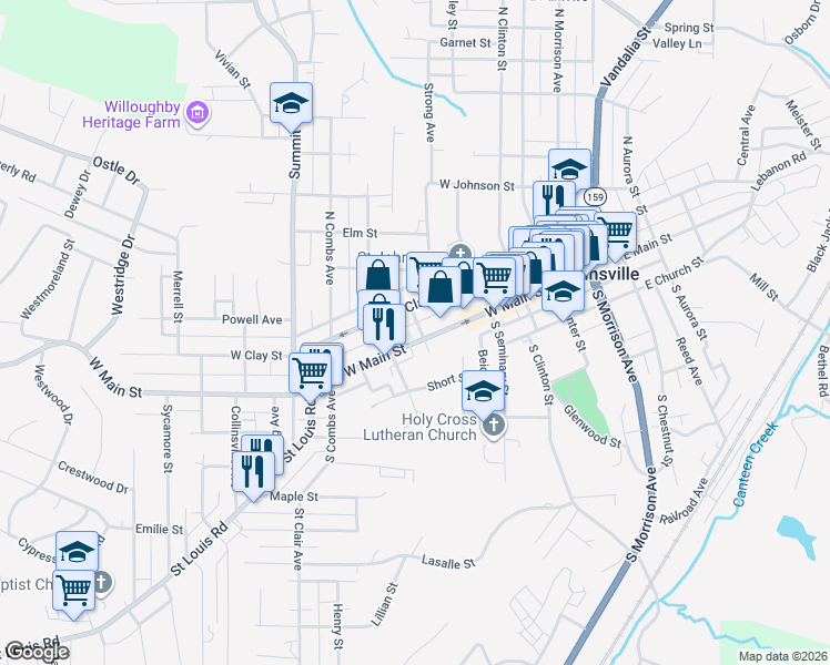 map of restaurants, bars, coffee shops, grocery stores, and more near 417 West Main Street in Collinsville