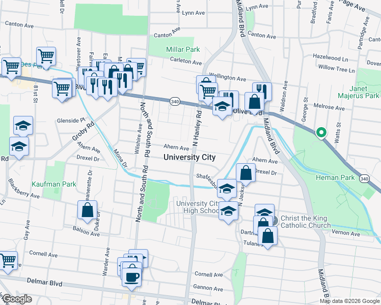 map of restaurants, bars, coffee shops, grocery stores, and more near in University City