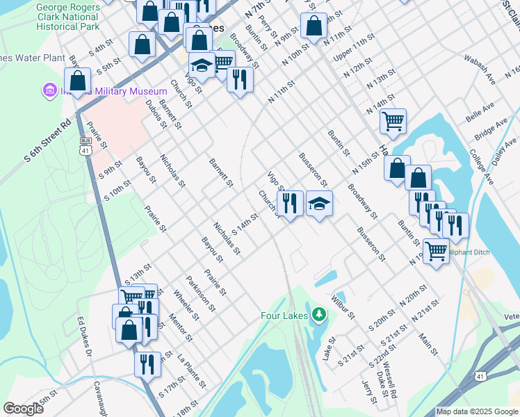 map of restaurants, bars, coffee shops, grocery stores, and more near 215 South 14th Street in Vincennes