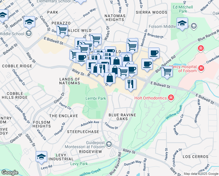 map of restaurants, bars, coffee shops, grocery stores, and more near 785 Orchard Drive in Folsom
