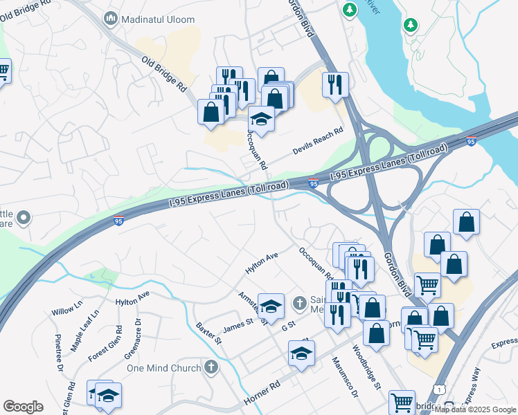 map of restaurants, bars, coffee shops, grocery stores, and more near 1503 Carter Lane in Woodbridge