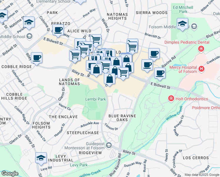 map of restaurants, bars, coffee shops, grocery stores, and more near 785 Orchard Drive in Folsom