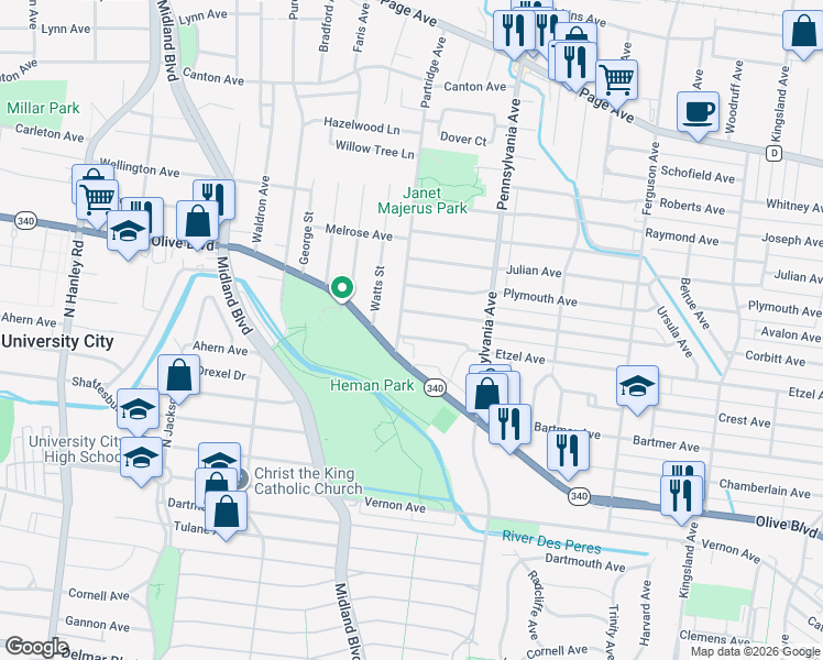 map of restaurants, bars, coffee shops, grocery stores, and more near 7071 Arcadia Avenue in St. Louis
