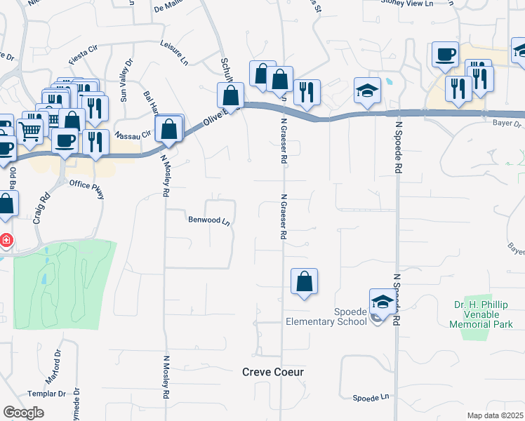 map of restaurants, bars, coffee shops, grocery stores, and more near 556 Oakhaven Lane in Creve Coeur