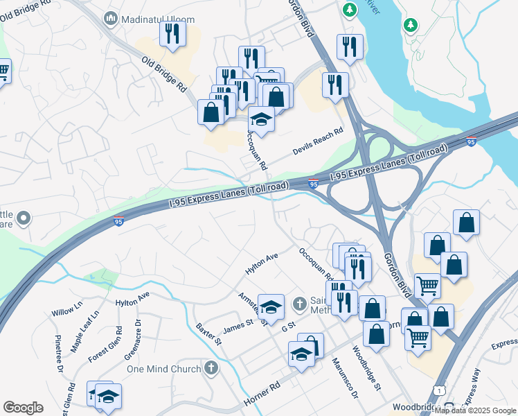 map of restaurants, bars, coffee shops, grocery stores, and more near 1503 Carter Lane in Woodbridge